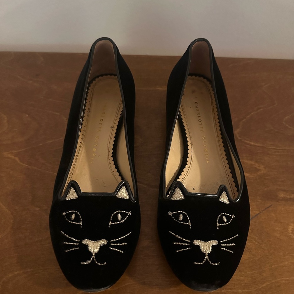 Charlotte Olympia Black Velvet Cat Face Flats